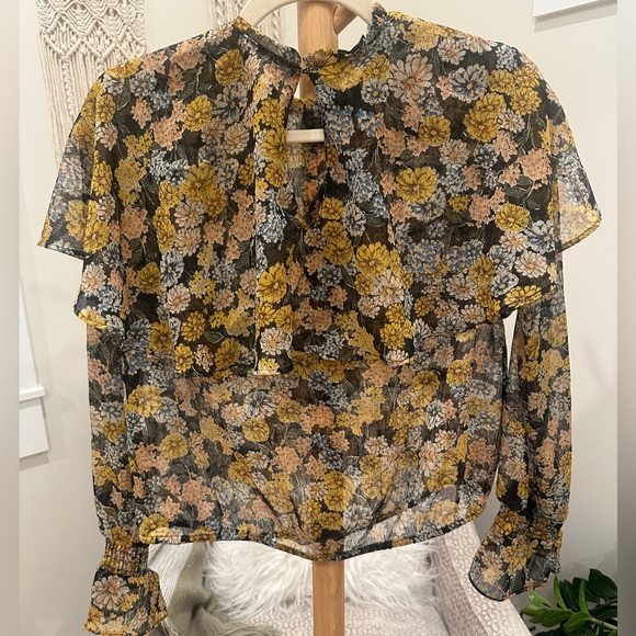 Zara Basic Sheer Floral Ruffle Blouse Size S Mustard Boho - Picture 5 of 6